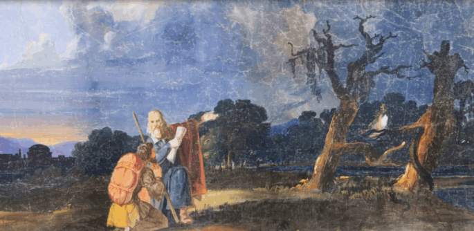 Evangelist points to the Wicket Gate