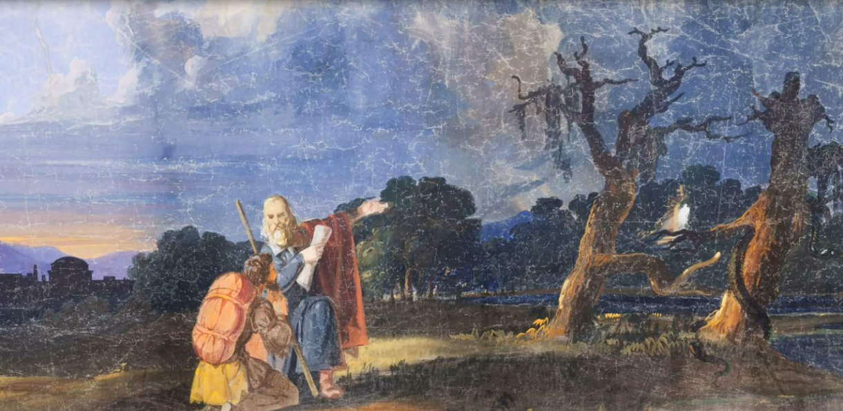 Evangelist points to the Wicket Gate